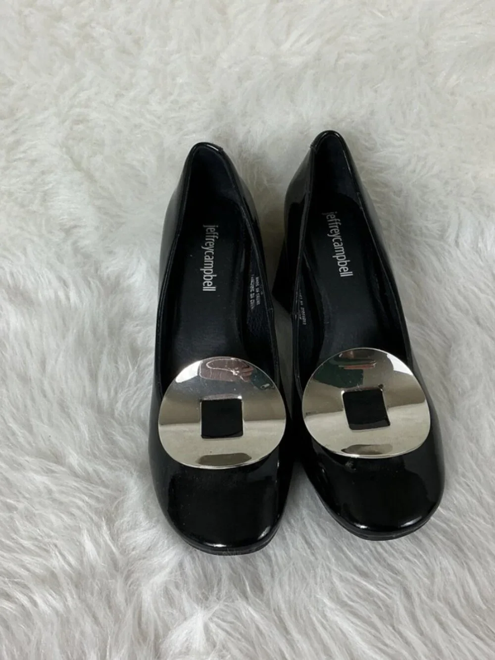Jeffrey Campbell Tippi Black Patent Leather Silver Metal Pump Block Heels 6.5